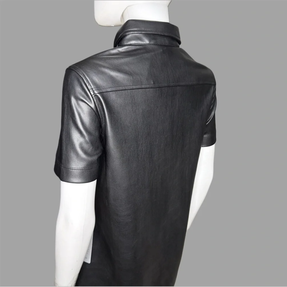 Max Studio Black Faux Leather‎ Short Sleeve Shirtdress With Pockets